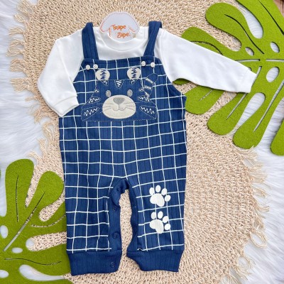 Conj. Body Manga Longa e Jardineira Tigrinho - Marinho